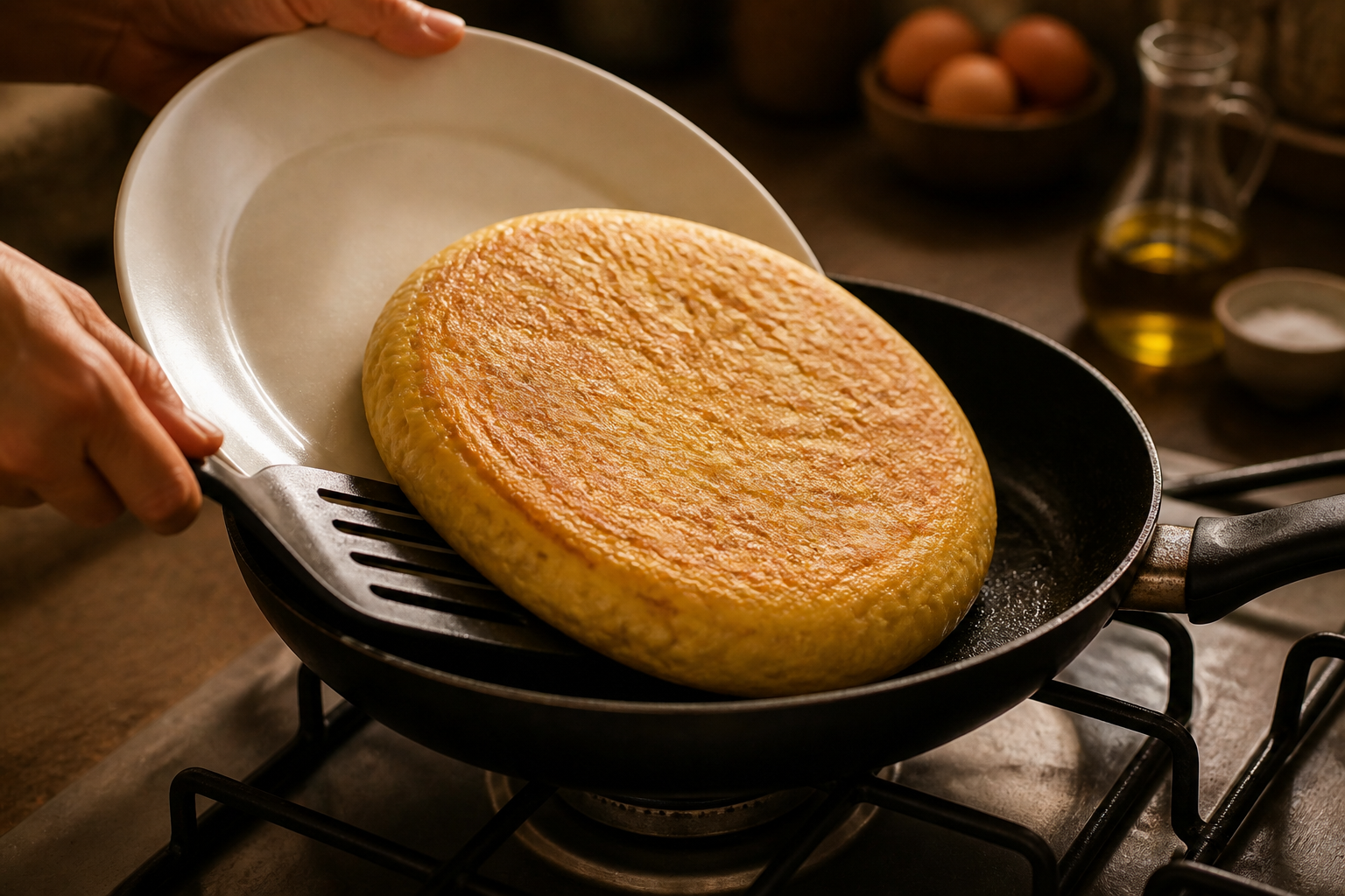 Cuajar el segundo lado para preparar Cómo hacer Tortilla Espanola, una receta tradicional de España