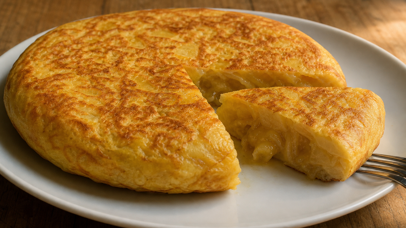 Tortilla española de patatas y cebolla, dorada por fuera y jugosa en el centro, servida sobre un plato