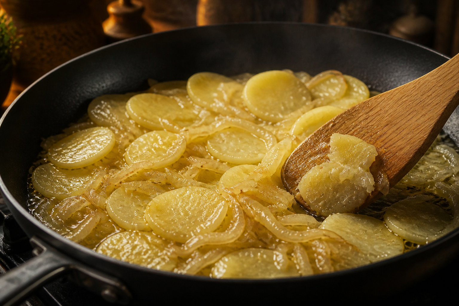 Cocinar lentamente para preparar Cómo hacer Tortilla Espanola, una receta tradicional de España