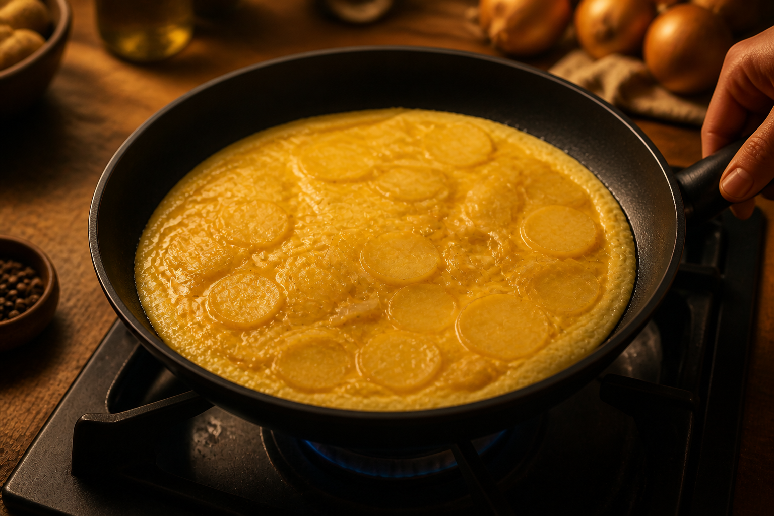 Cuajar el primer lado para preparar Cómo hacer Tortilla Espanola, una receta tradicional de España