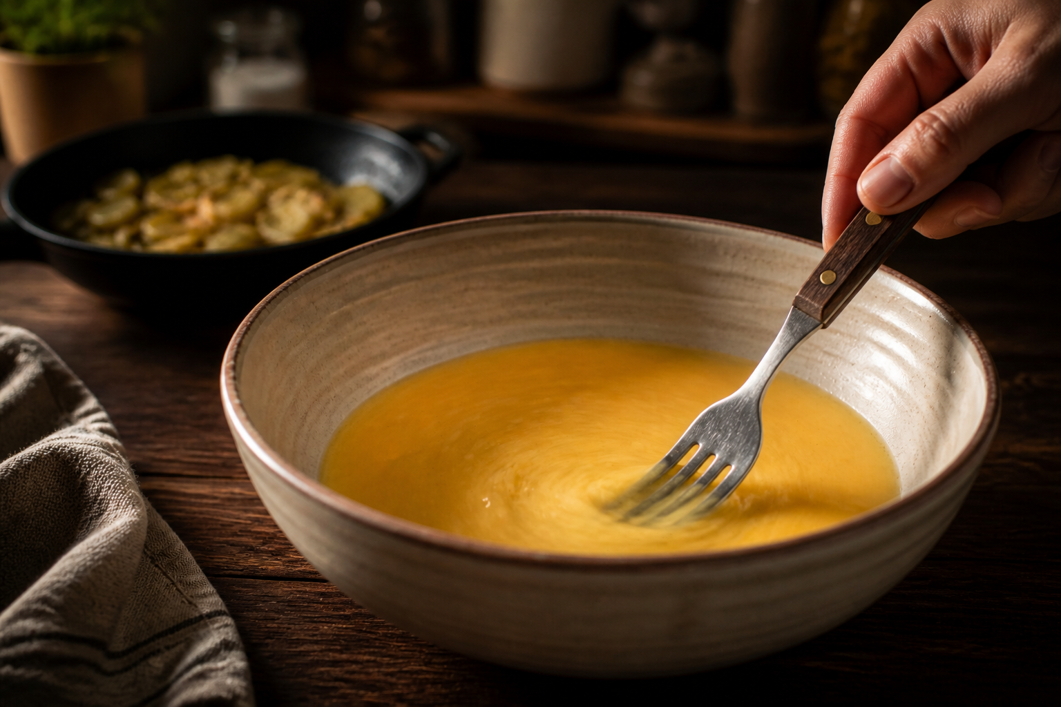 Batir los huevos para preparar Cómo hacer Tortilla Espanola, una receta tradicional de España