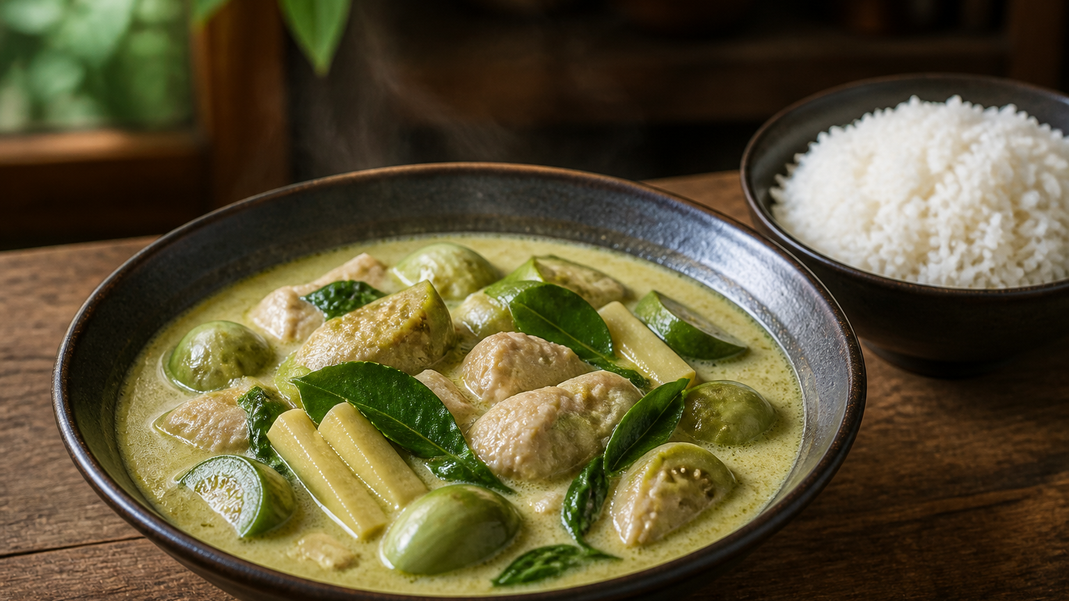 Curry verde tailandés con pollo, berenjenas, brotes de bambú y albahaca servido junto a arroz jazmín