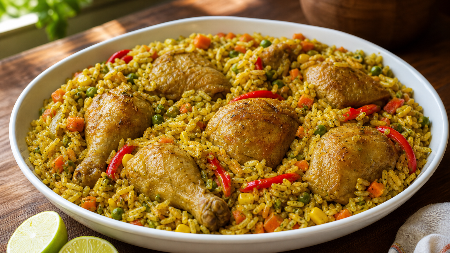 Arroz con pollo peruano servido con arroz suelto, pollo dorado, verduras y limón