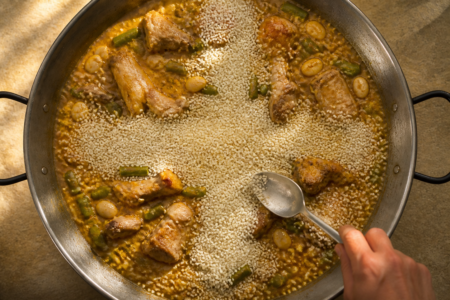 Distribuir el arroz para preparar Descubre cómo preparar Paella, receta típica de España