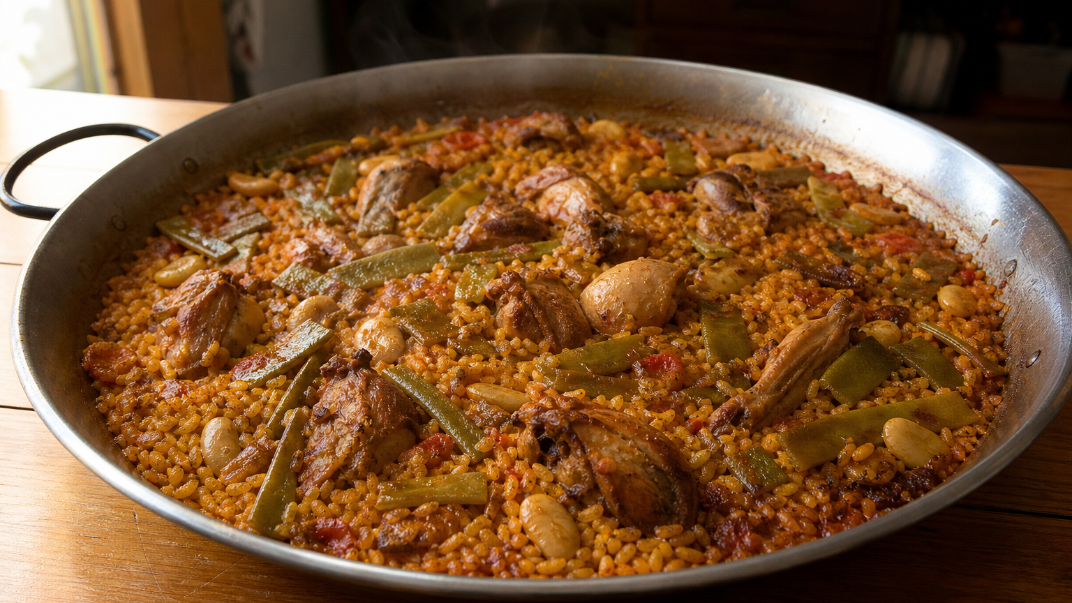 Paella valenciana con arroz suelto, pollo, conejo, judías verdes, garrofón y socarrat