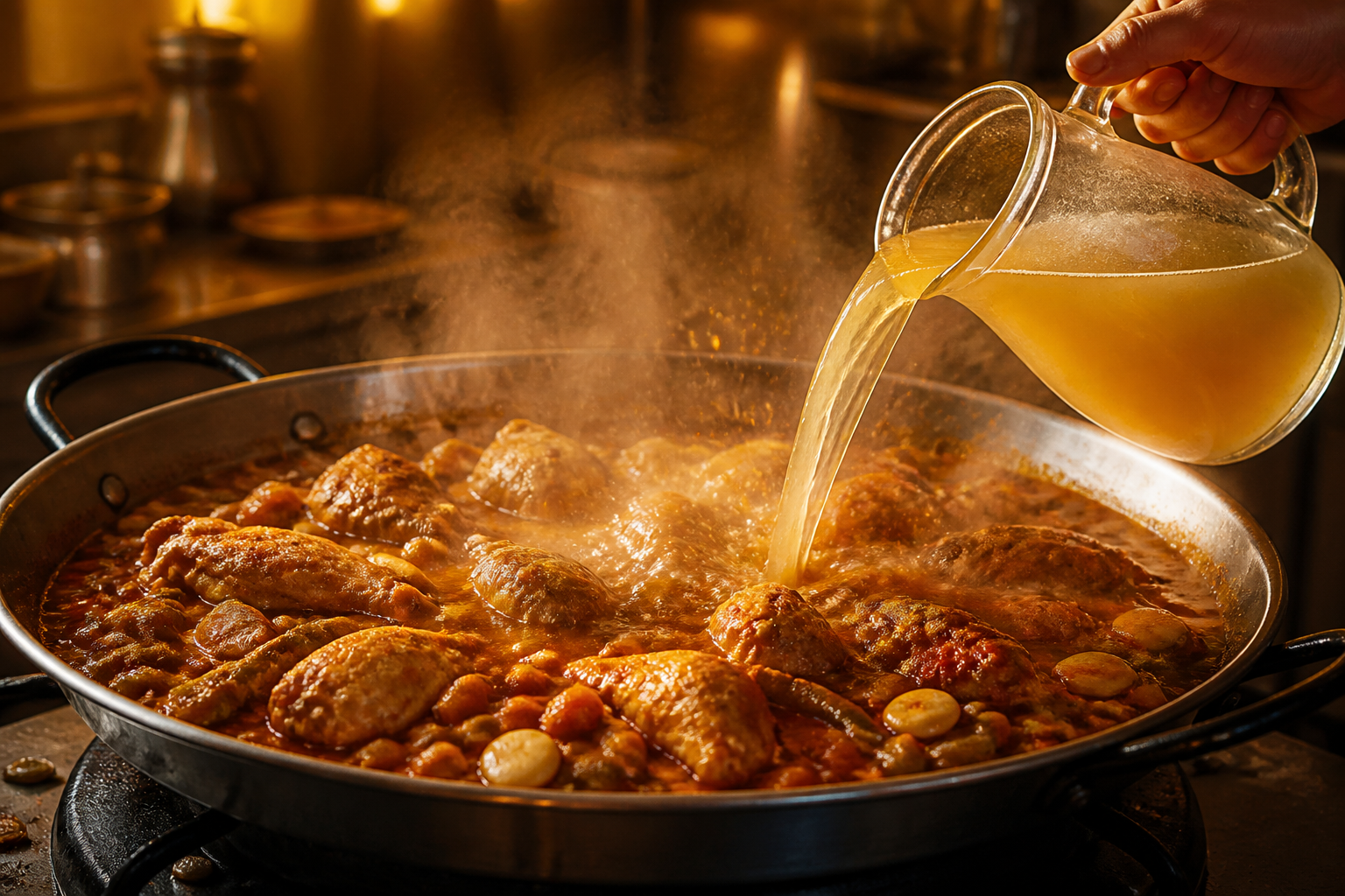 Añadir pimentón y líquido para preparar Descubre cómo preparar Paella, receta típica de España
