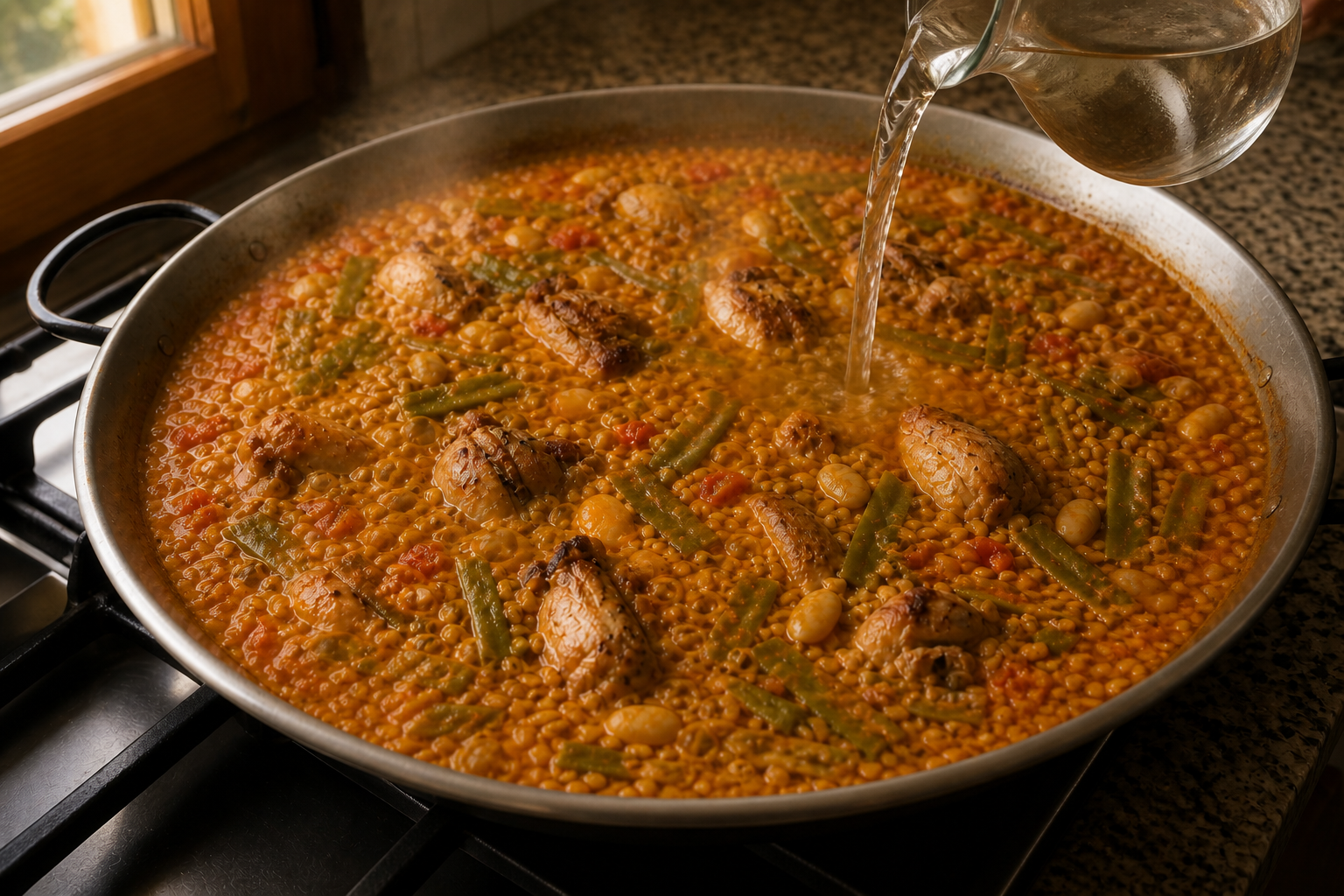 Ajustar el líquido para preparar Descubre cómo preparar Paella, receta típica de España