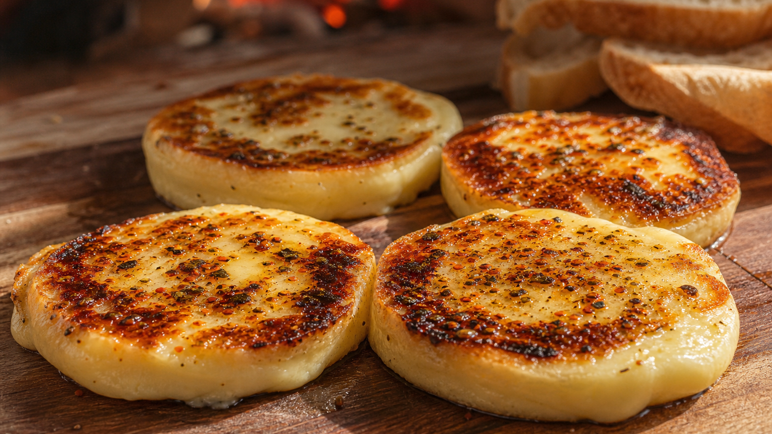 Provoleta argentina dorada y cremosa en el centro, servida caliente con pan crujiente