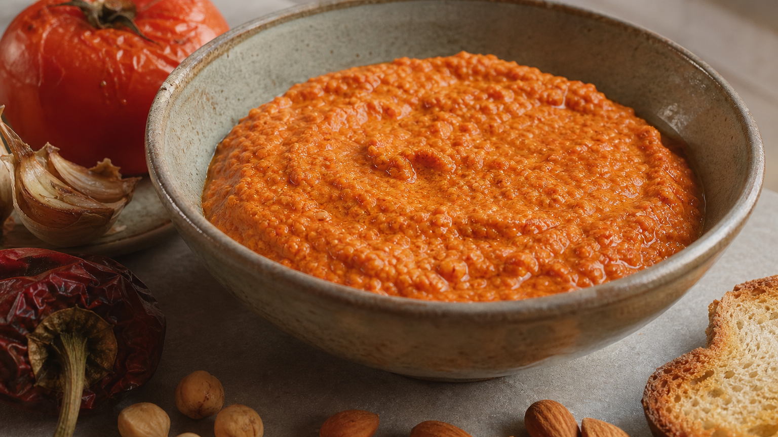 Cuenco de romesco de Tarragona con textura cremosa y rústica, acompañado de pan tostado y verduras asadas