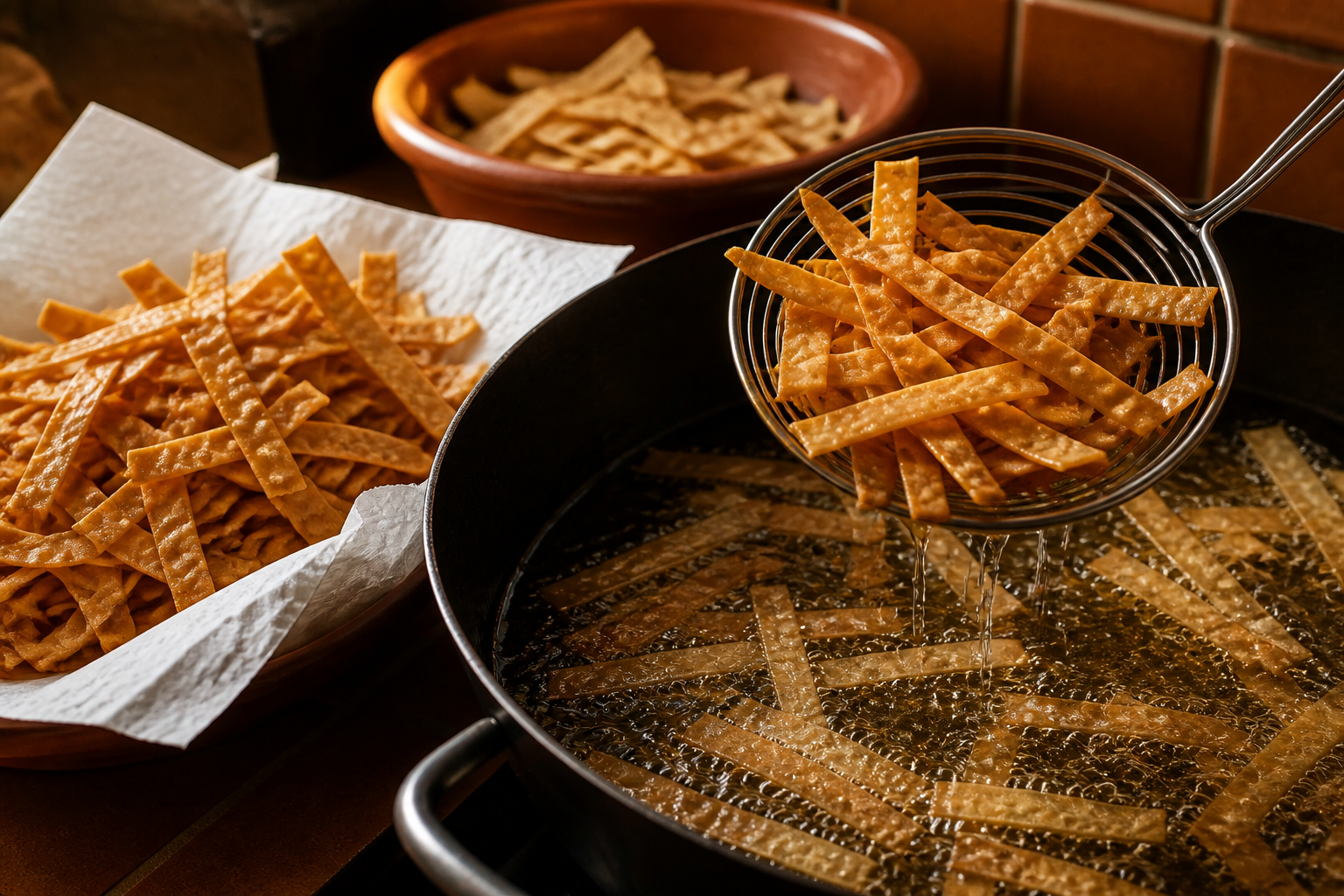 Escurrir las tortillas para preparar Descubre cómo preparar Sopa de Tortilla Mexicana, receta típica de México