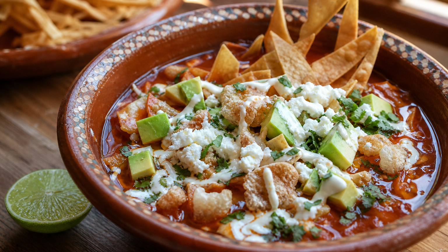 Sopa de tortilla mexicana con caldo de jitomate, tiras crujientes, aguacate, queso fresco, crema, cilantro, limón y chicharrón