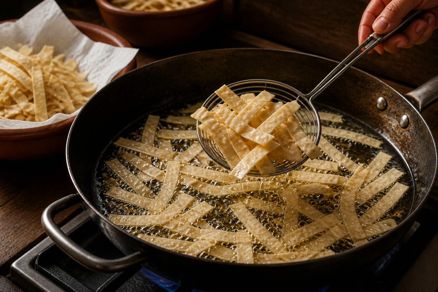 Freír las tortillas para preparar Descubre cómo preparar Sopa de Tortilla Mexicana, receta típica de México