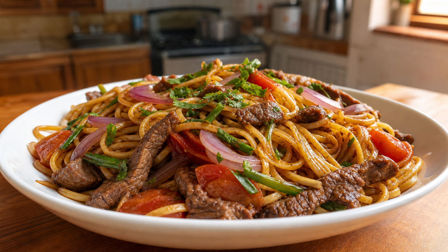 Tallarines saltados peruanos con carne dorada, cebolla morada, tomate, cebolla china y salsa de sillao