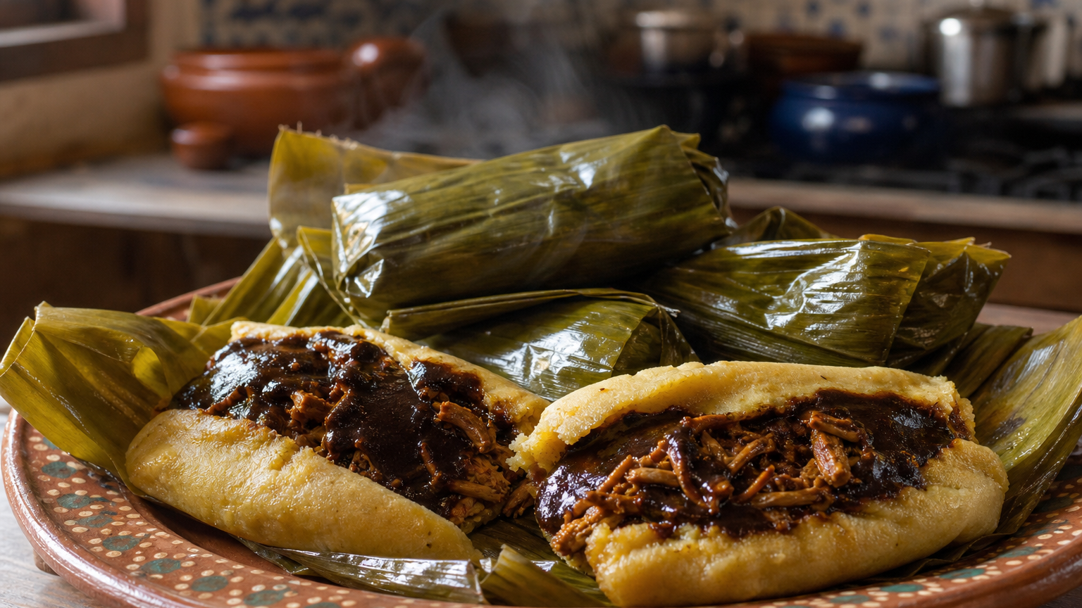 Tamales oaxaqueños de pollo con mole negro envueltos en hoja de plátano