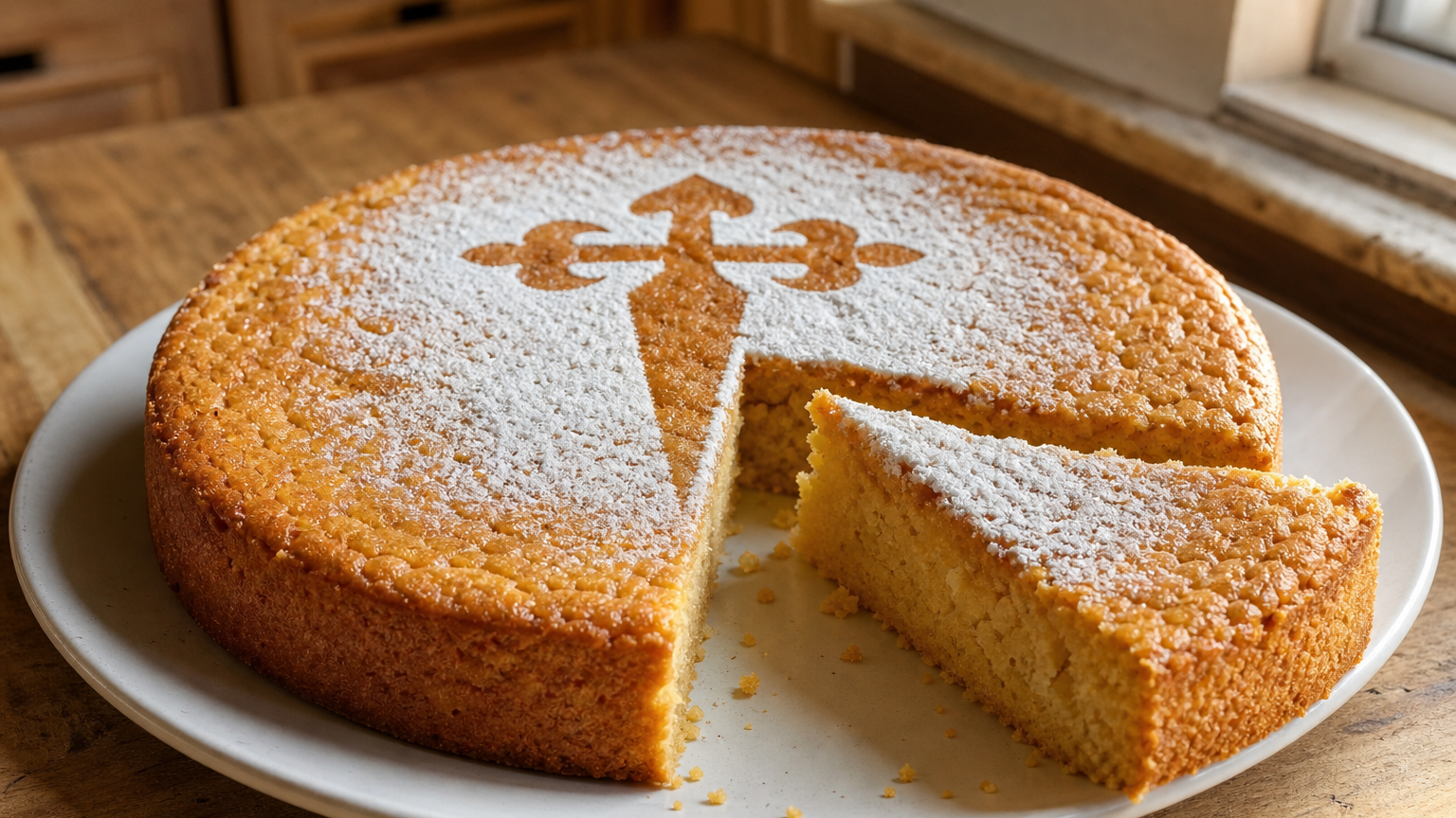 Tarta de Santiago dorada, decorada con azúcar glas y la cruz de Santiago