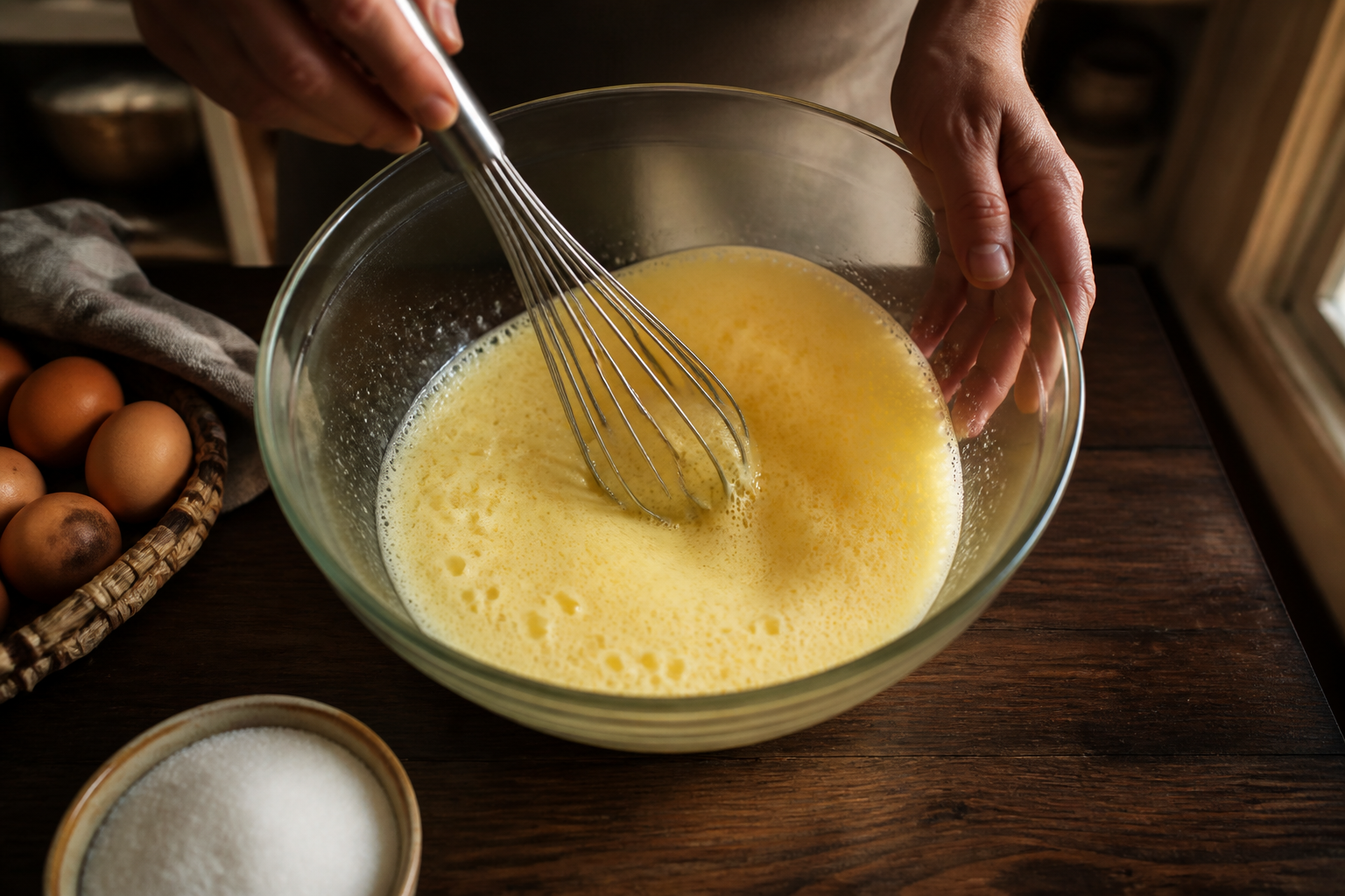 Batir huevos y azúcar para preparar Descubre cómo preparar Tarta De Santiago, receta típica de España