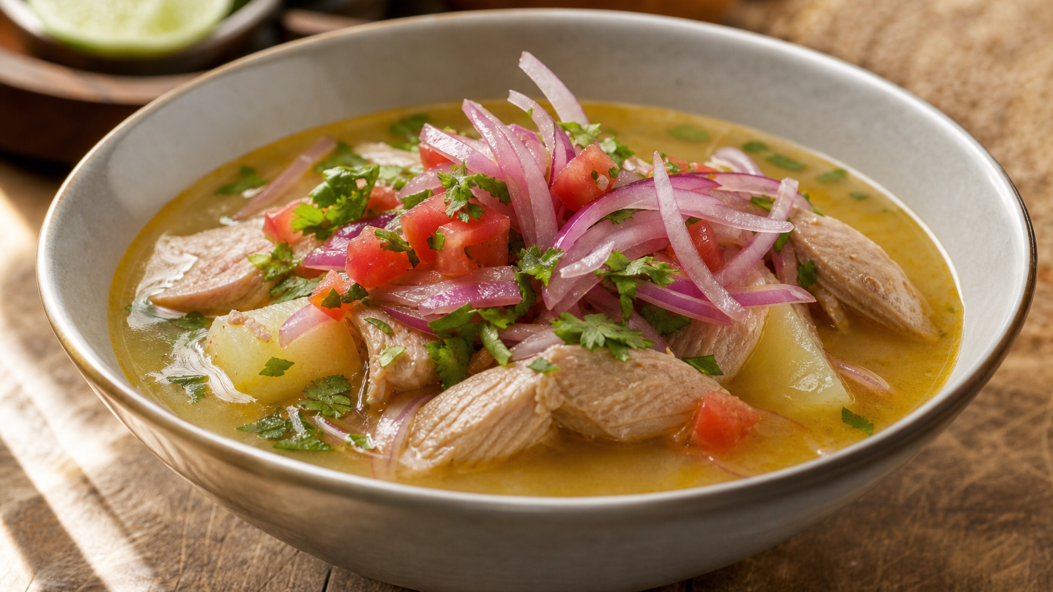 Plato hondo de encebollado ecuatoriano con atún, yuca, caldo dorado y cebolla morada encurtida con limón