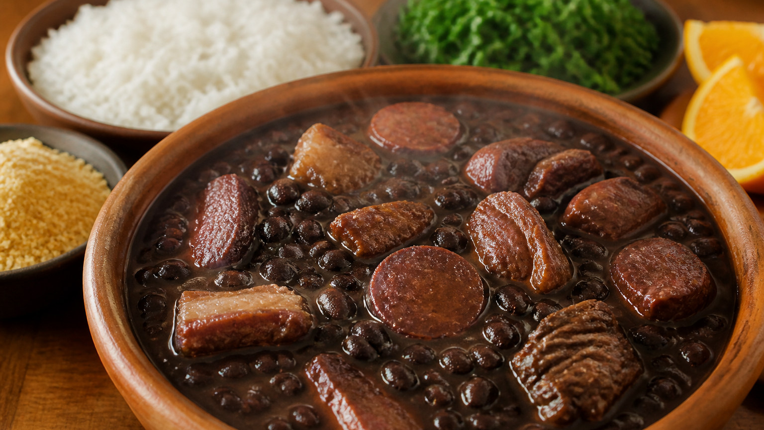 Feijoada brasileña con frijoles negros, carnes de cerdo, arroz blanco, col, harina de mandioca y naranja
