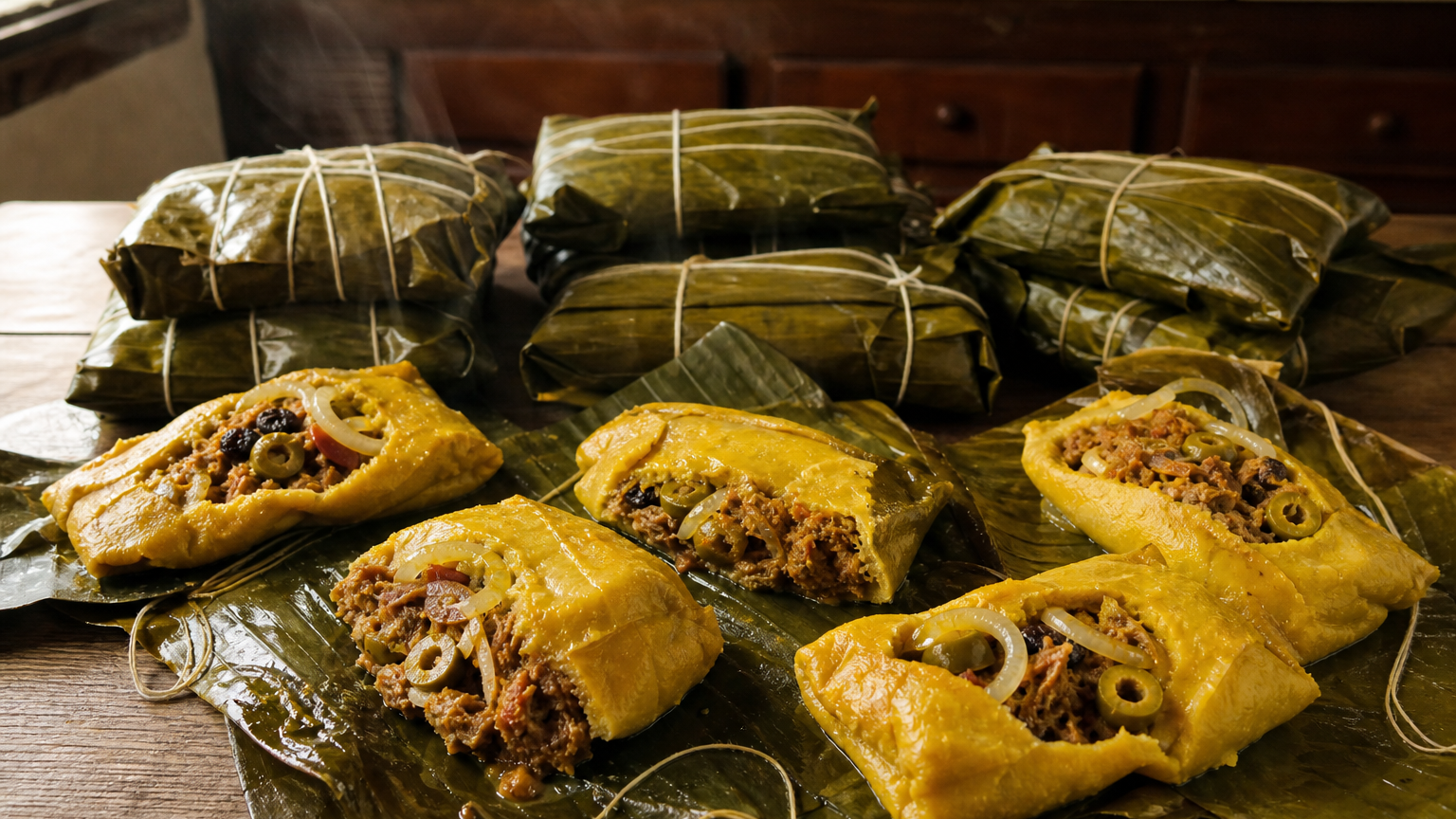 Hallacas venezolanas envueltas en hojas de plátano, con masa de maíz, guiso de carnes, aceitunas, pasas y alcaparras