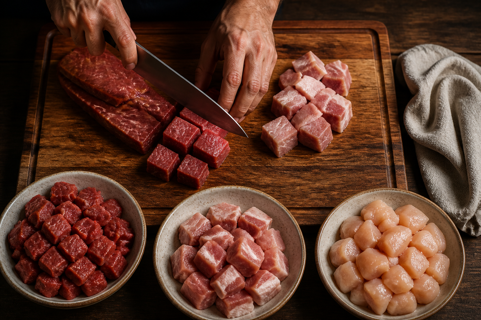 Cortar las carnes para preparar Hallacas Venezolanas: la auténtica receta de Venezuela