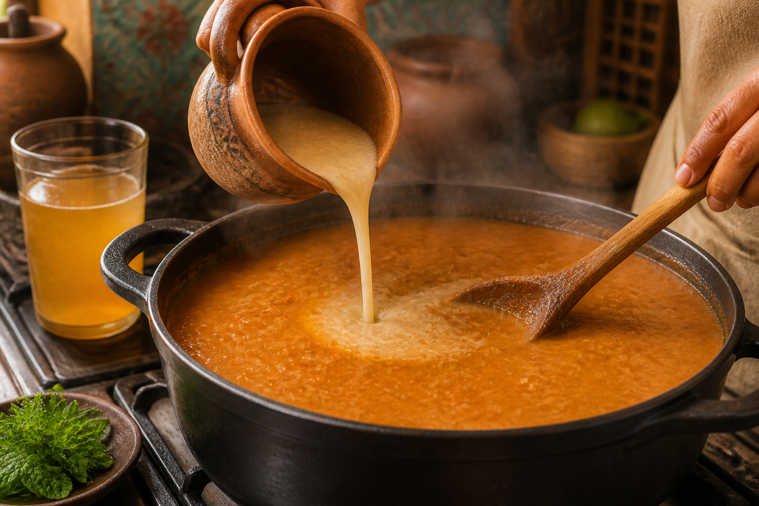 Integrar el caldo para preparar Indio Viejo Nicaragüense: receta tradicional de Nicaragua