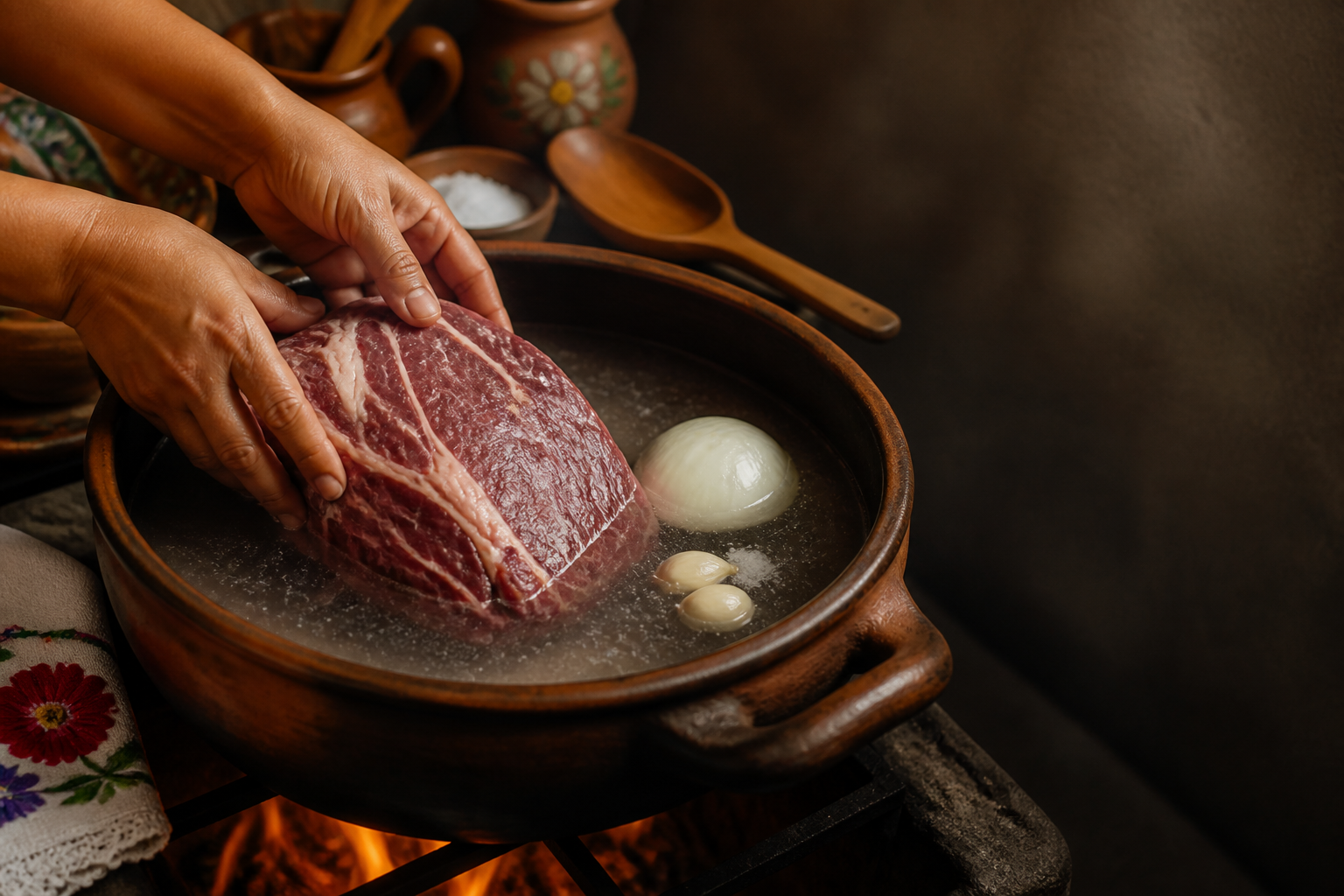 Cocer la carne para preparar Indio Viejo Nicaragüense: receta tradicional de Nicaragua