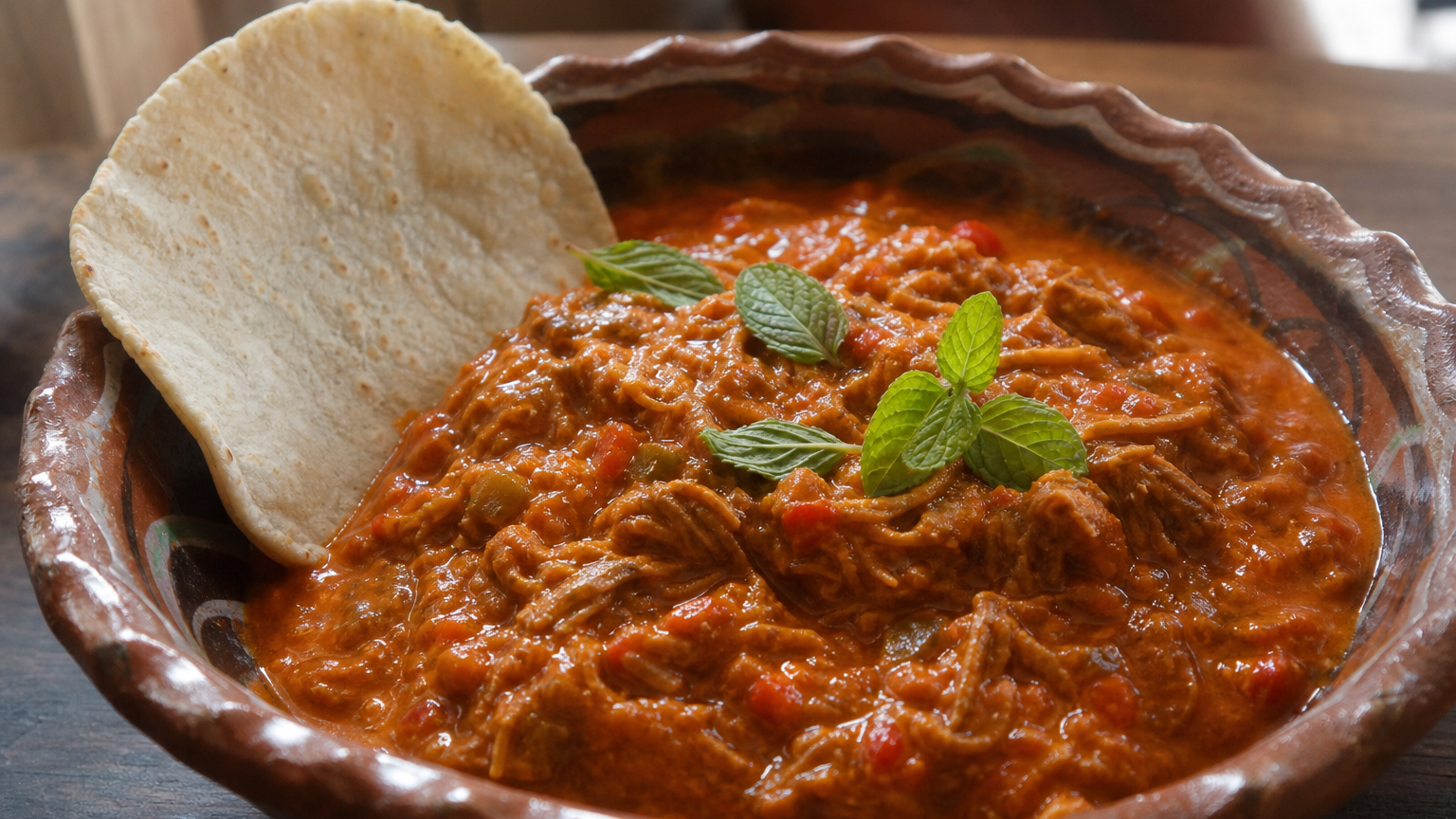 Indio Viejo nicaragüense servido caliente en un plato hondo, con carne deshebrada, salsa espesa de color rojo anaranjado y hierbabuena