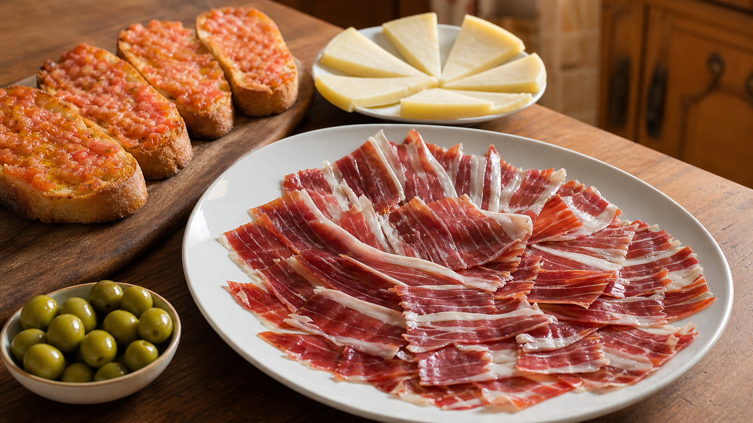 Plato de jamón ibérico en lonchas acompañado de pan con tomate, queso manchego curado y aceitunas verdes