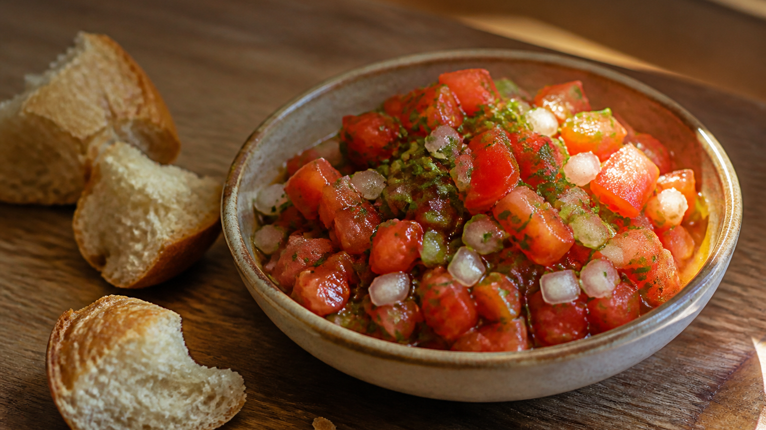 Cuenco de pebre chileno fresco con tomate, cebolla, cilantro y ají, servido junto a pan crujiente