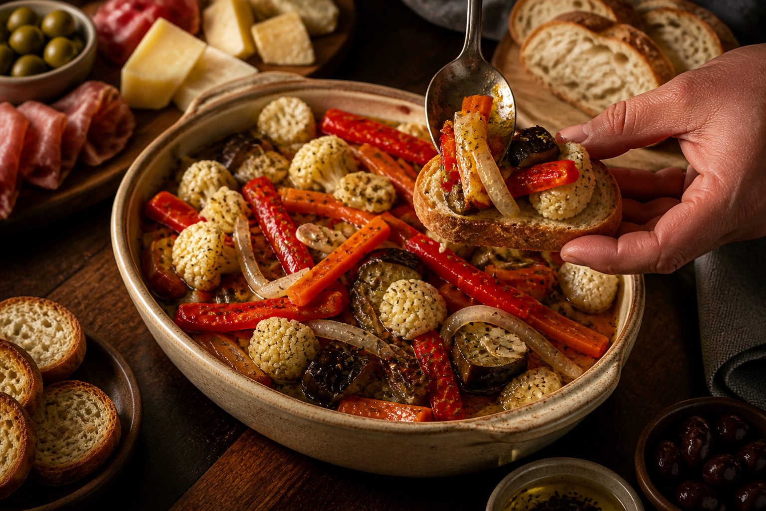 Servir la picada para preparar La mejor receta de Antipasto al estilo de Argentina