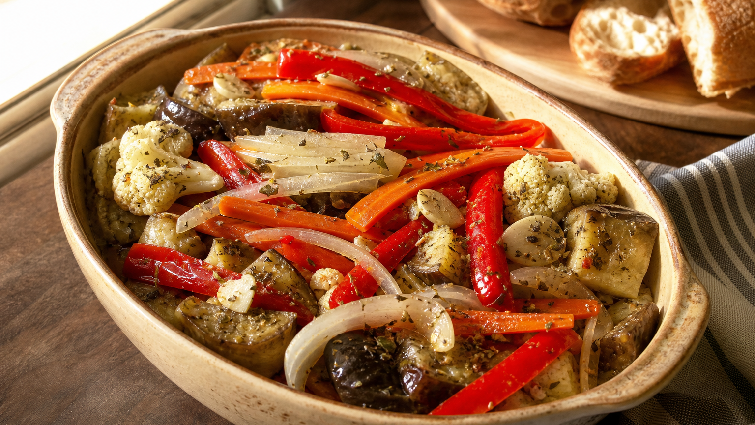 Antipasto argentino colorido con berenjena, morrón, zanahoria, cebolla y coliflor servido para una picada