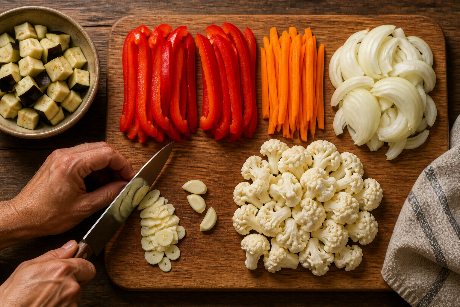 Cortar los vegetales para preparar La mejor receta de Antipasto al estilo de Argentina