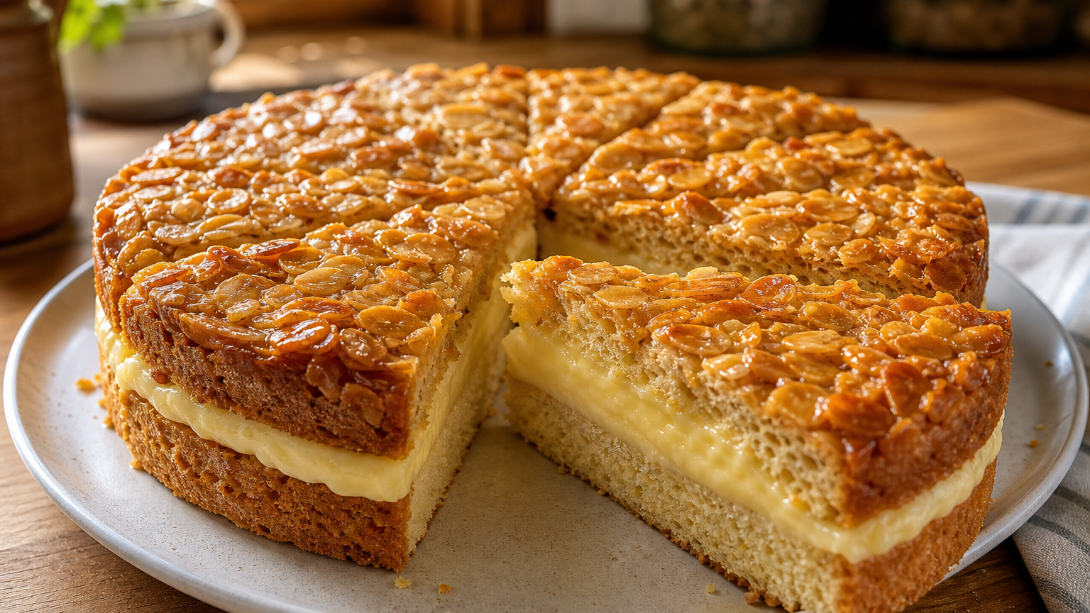 Porción de Bienenstich alemán con base de levadura, crema pastelera de vainilla y cobertura dorada de almendras y miel