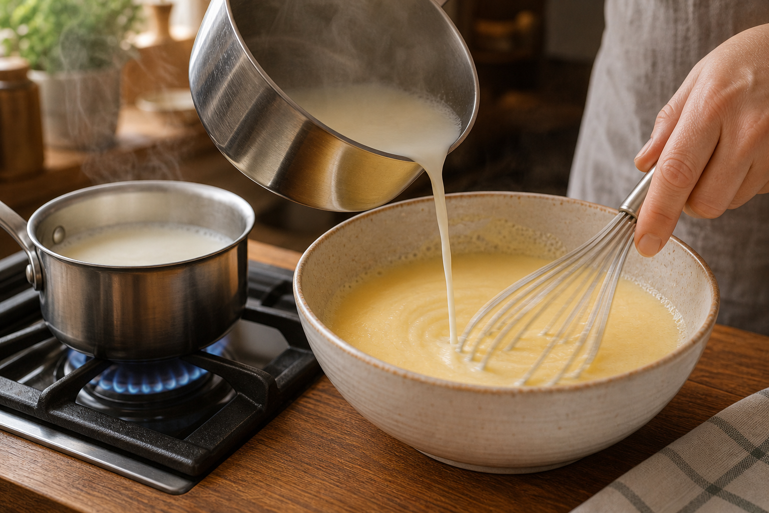Calentar la leche para preparar The Best German Bienenstich Cake