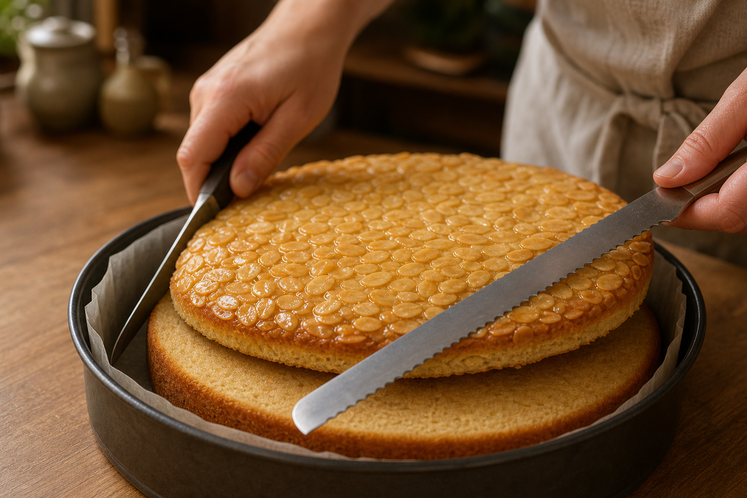 Dividir las capas para preparar The Best German Bienenstich Cake