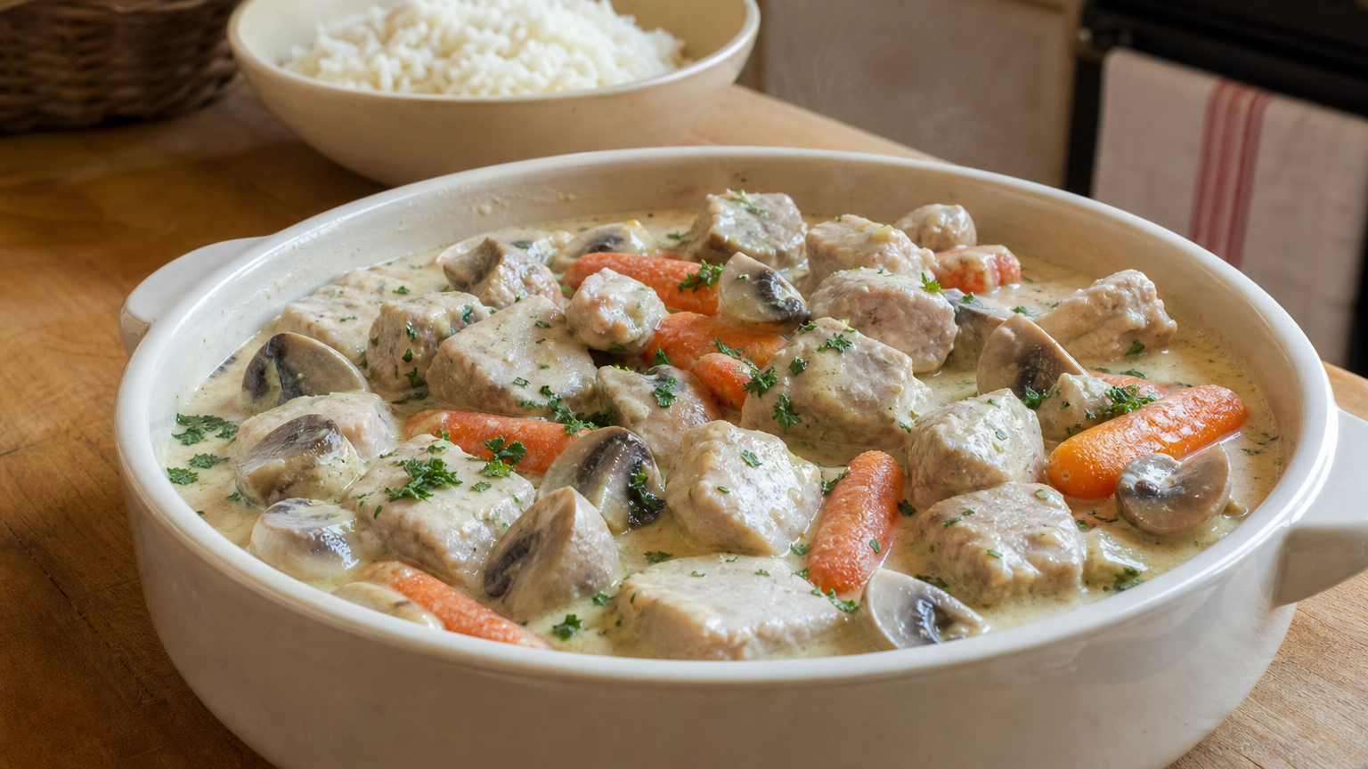 Blanquette de veau francesa con ternera tierna, champiñones, salsa blanca cremosa y perejil