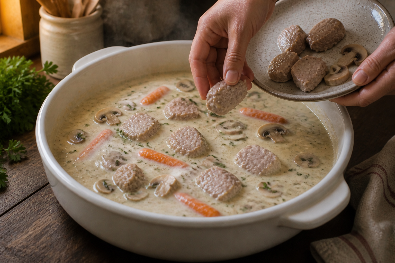 Reunir carne y champiñones para preparar La mejor receta de Blanquette De Veau al estilo de Francia