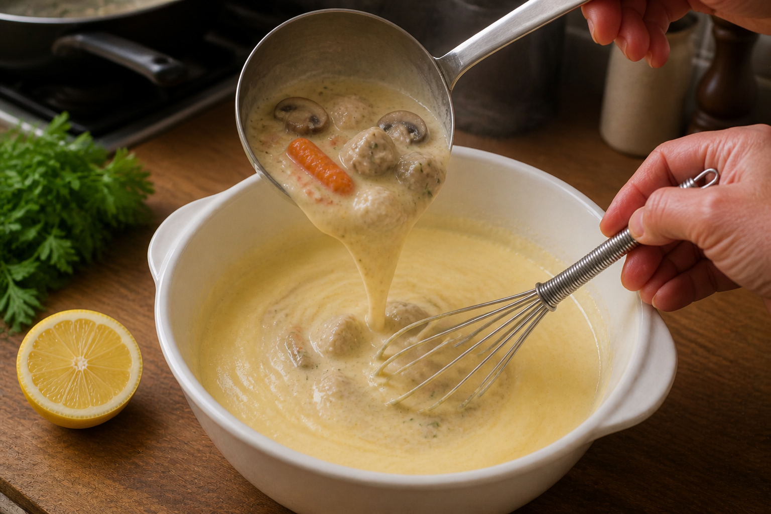 Templar la mezcla para preparar La mejor receta de Blanquette De Veau al estilo de Francia