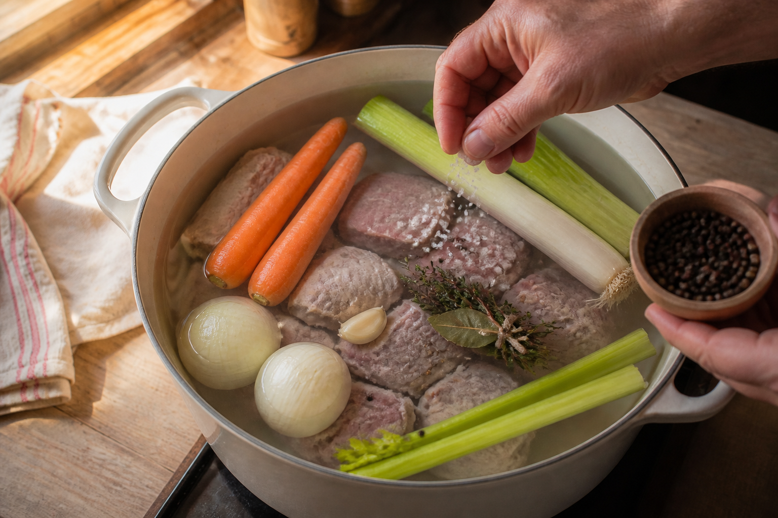 Añadir los aromáticos para preparar La mejor receta de Blanquette De Veau al estilo de Francia