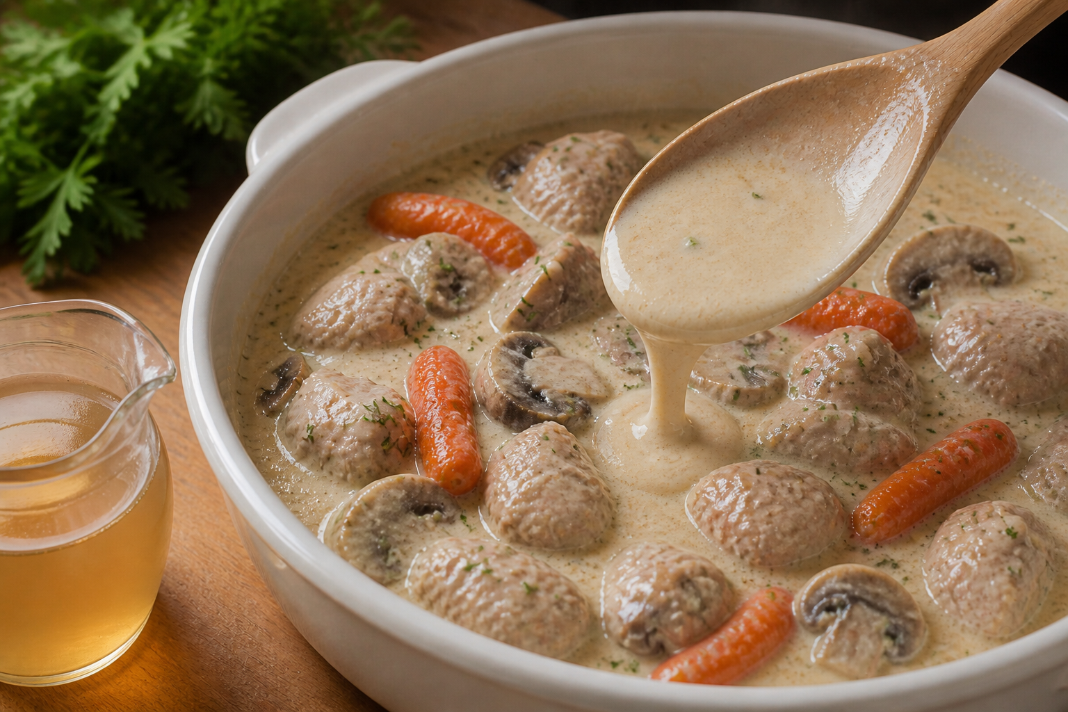 Ajustar la consistencia para preparar La mejor receta de Blanquette De Veau al estilo de Francia