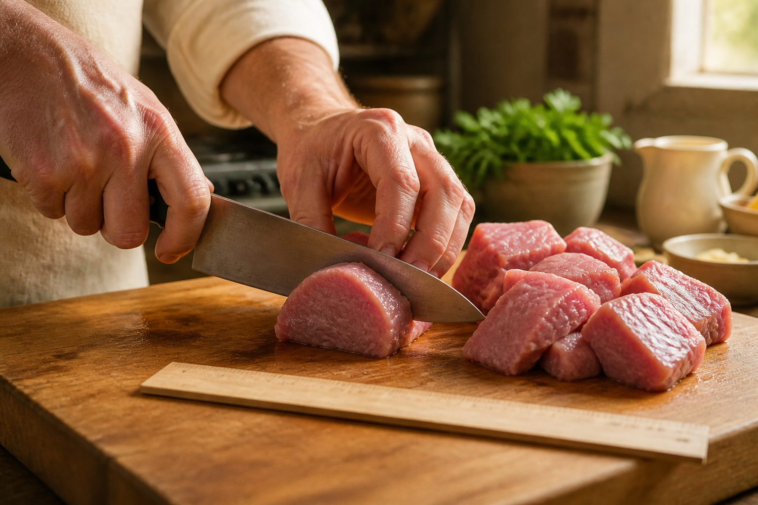 Cortar la ternera para preparar La mejor receta de Blanquette De Veau al estilo de Francia
