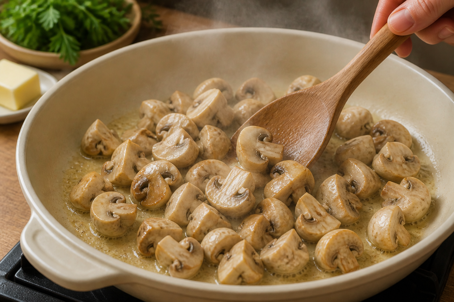 Cocinar los champiñones para preparar La mejor receta de Blanquette De Veau al estilo de Francia