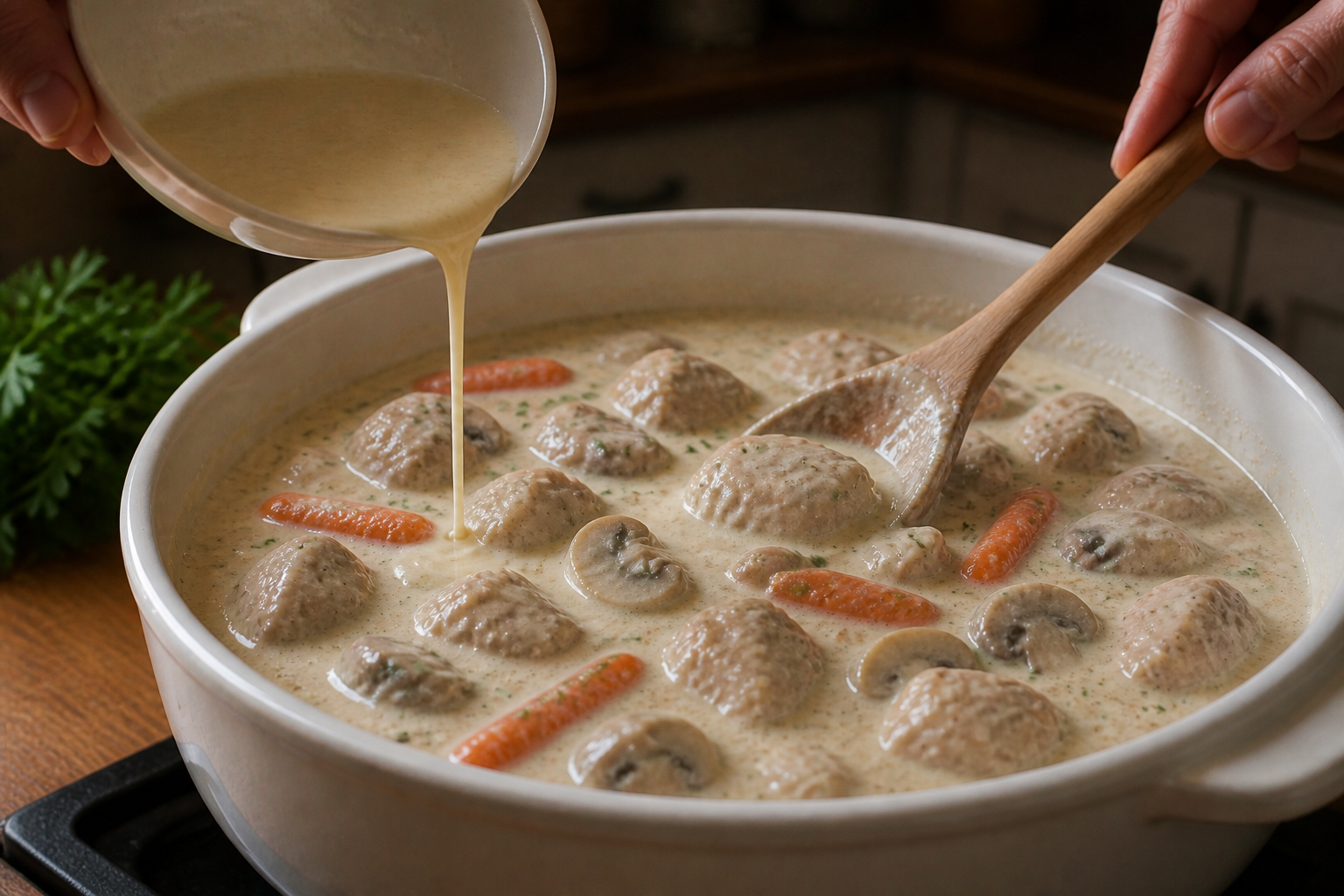 Incorporar la crema para preparar La mejor receta de Blanquette De Veau al estilo de Francia