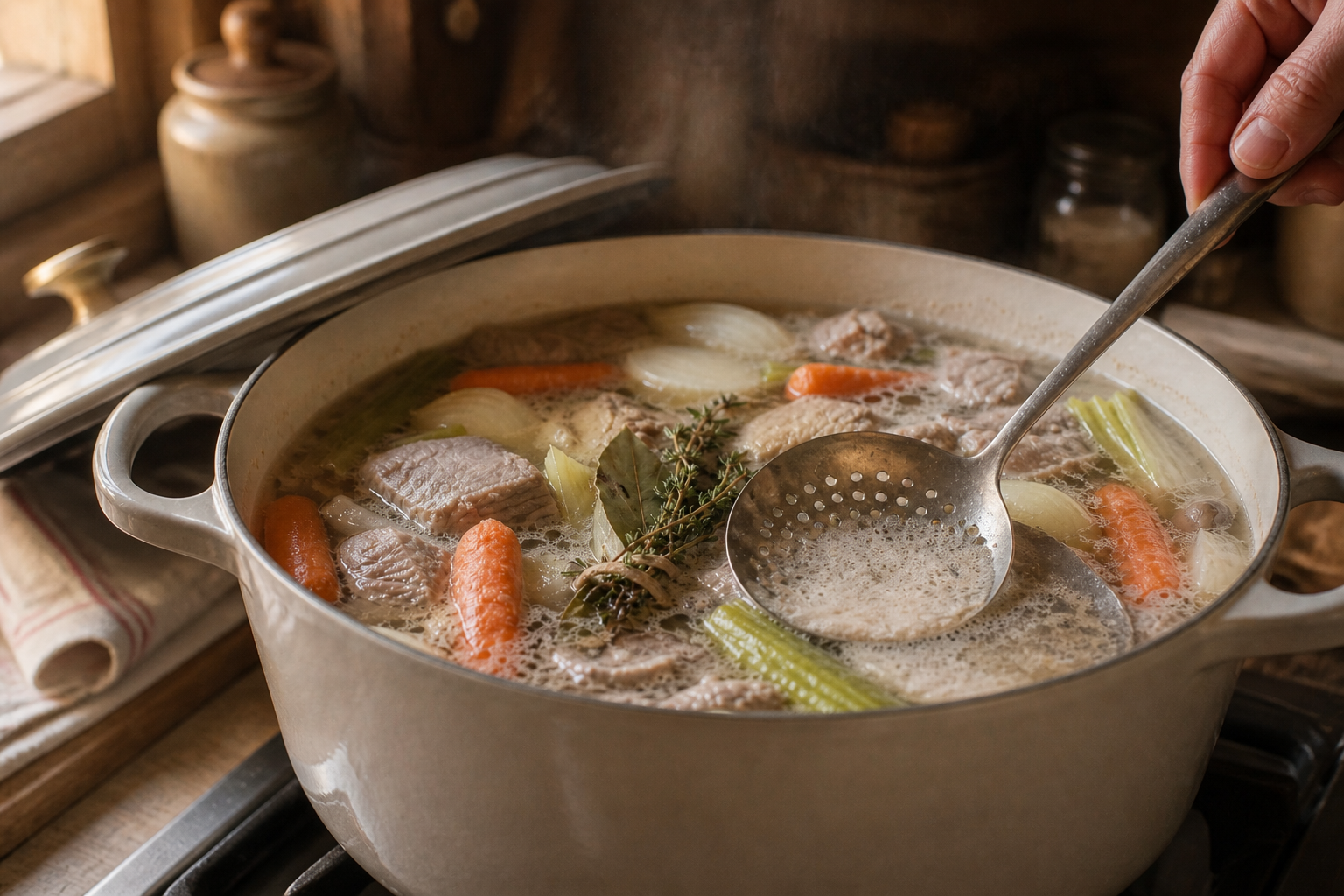 Retirar la espuma para preparar La mejor receta de Blanquette De Veau al estilo de Francia
