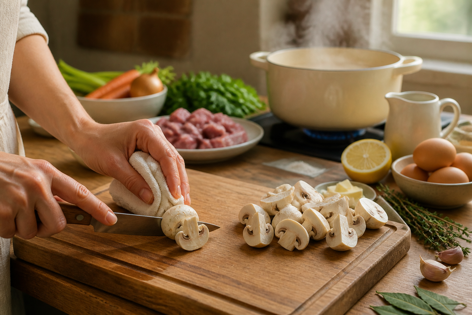 Limpiar los champiñones para preparar La mejor receta de Blanquette De Veau al estilo de Francia
