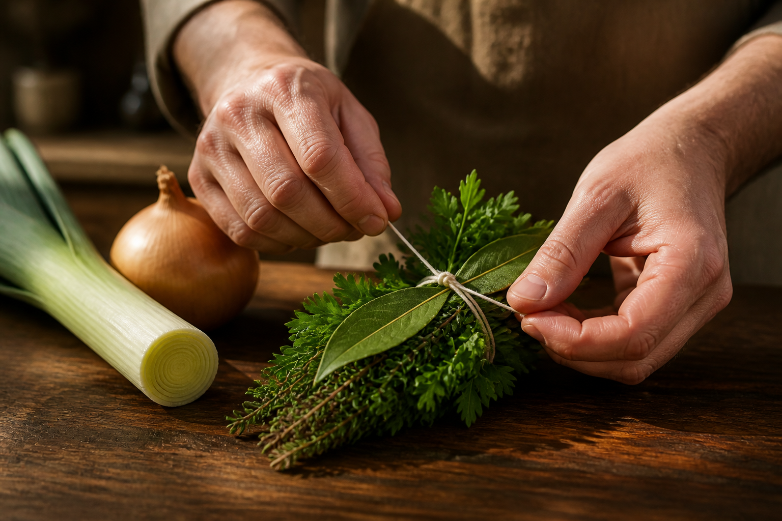 Formar el bouquet garni para preparar La mejor receta de Blanquette De Veau al estilo de Francia