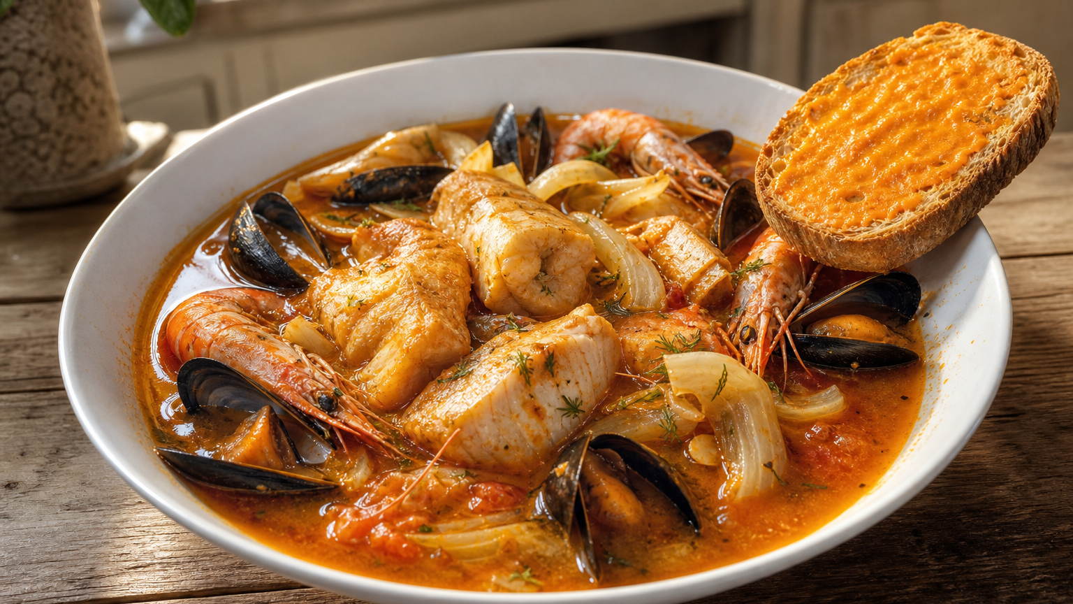 Bouillabaisse francesa con pescado, gambas, mejillones, caldo de tomate y pan tostado con rouille