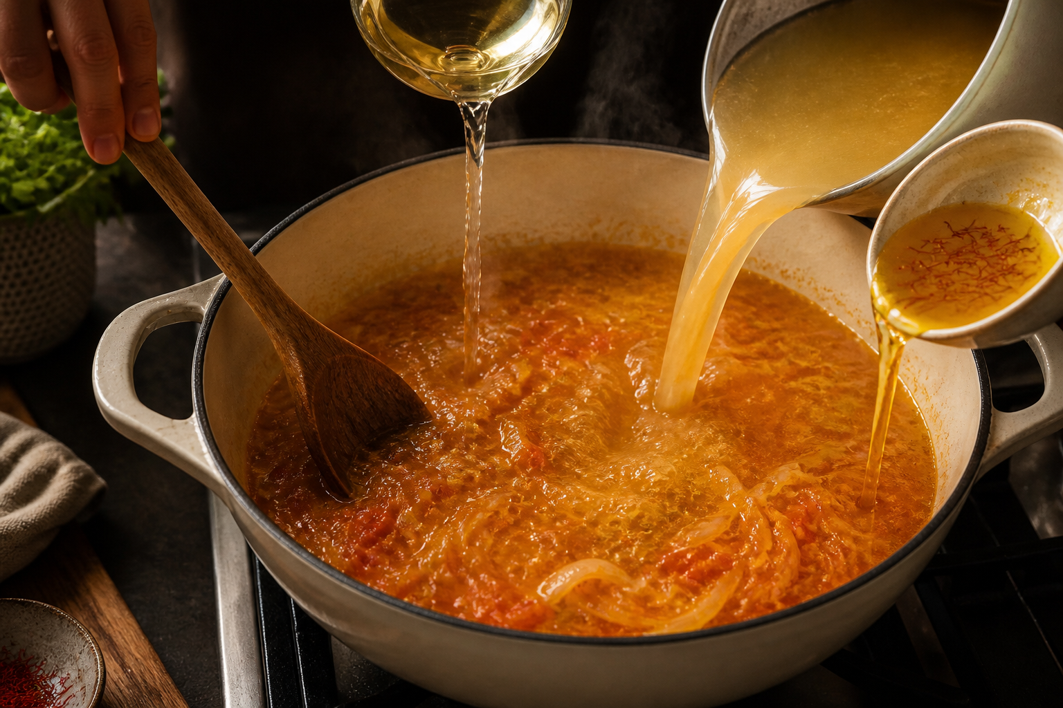 Desglasar la olla para preparar La mejor receta de Bouillabaisse al estilo de Francia