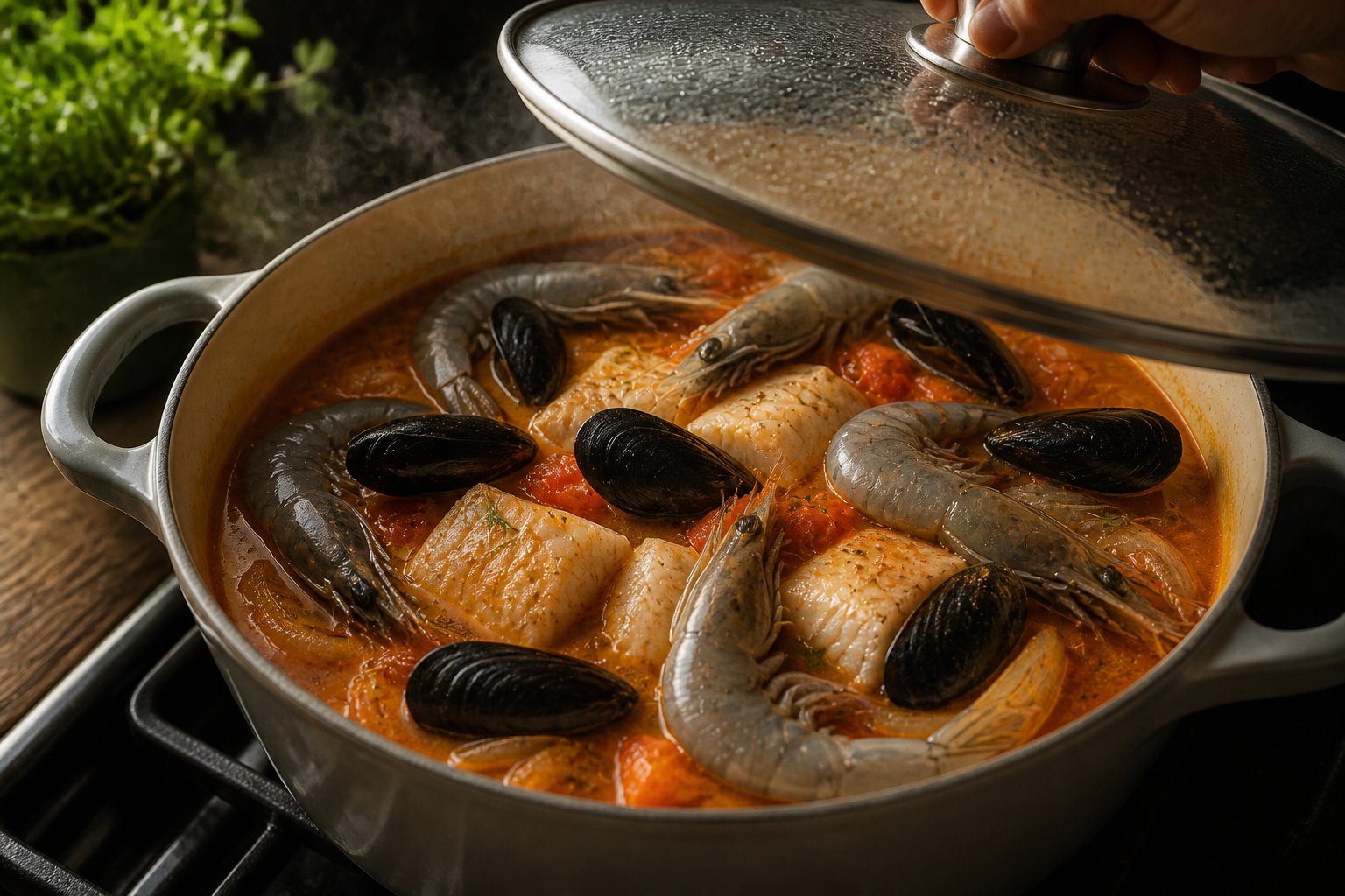 Incorporar los mariscos para preparar La mejor receta de Bouillabaisse al estilo de Francia