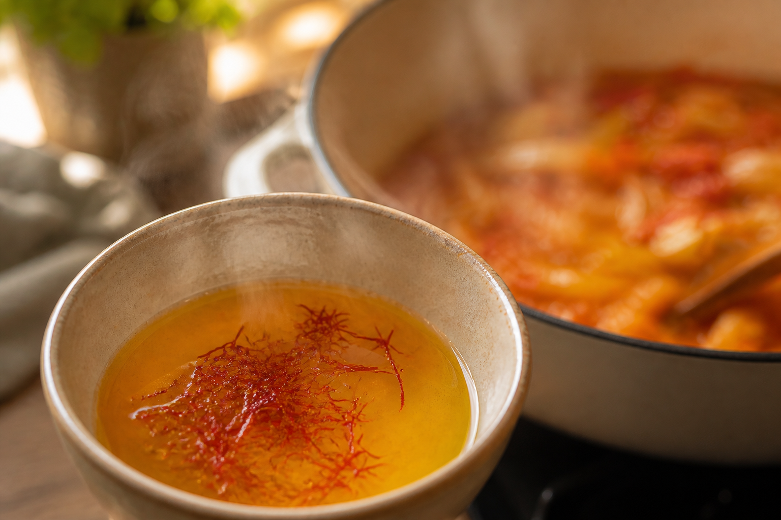 Infusionar el azafrán para preparar La mejor receta de Bouillabaisse al estilo de Francia